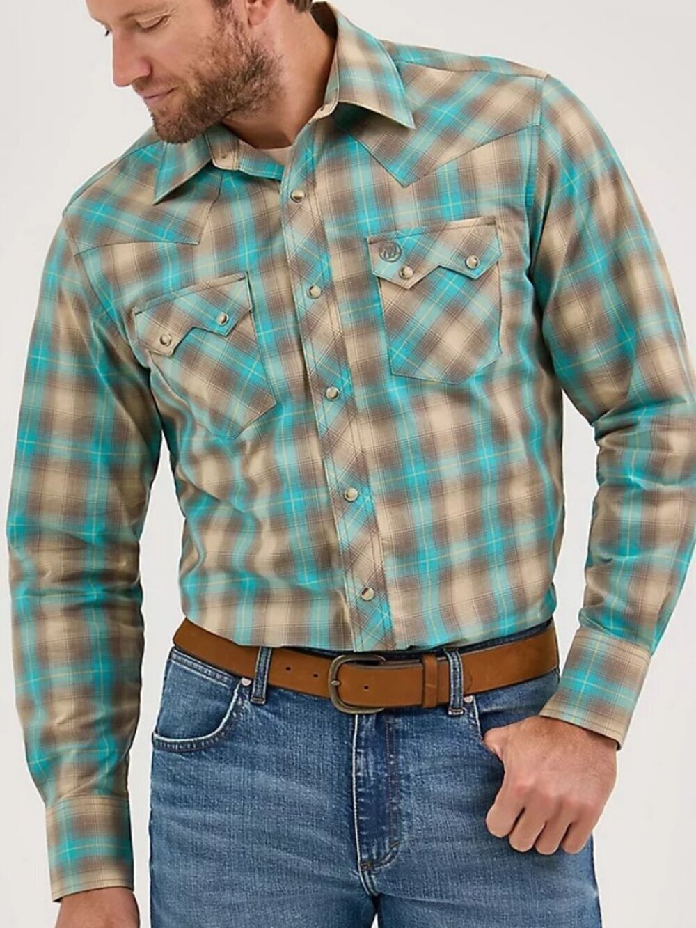 Wrangler Retro Men's MD Long Sleeve Plaid Snap Western Shirt Tan/Aqua 112369551